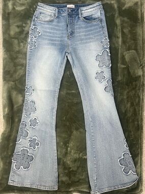 DRIFTWOOD Light Blue Floral Appliqué Flare Jeans